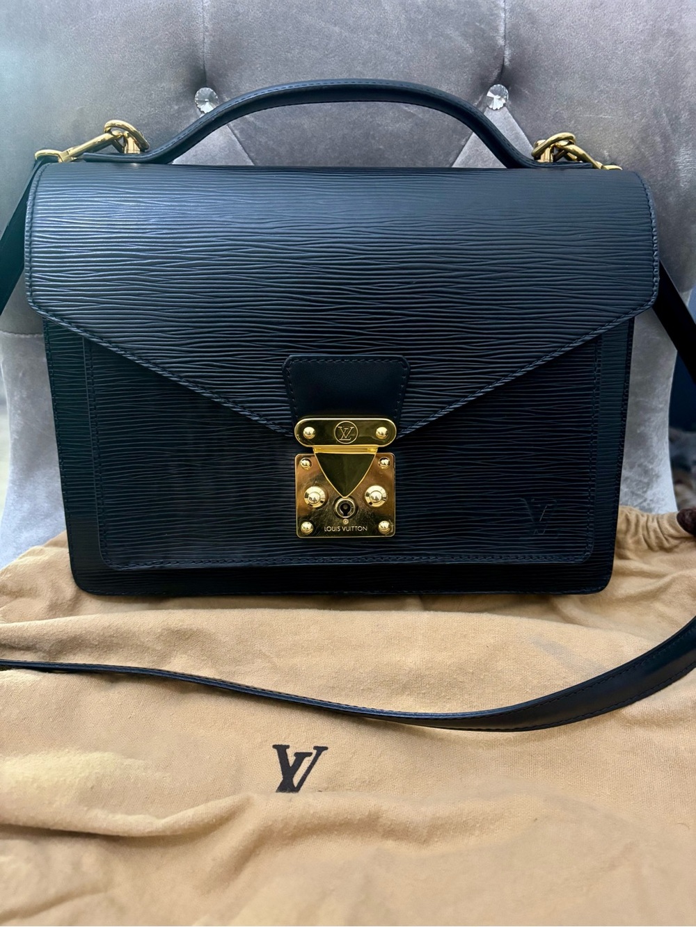 Louis Vuitton Black Monceau 28 Epi Leather Top Handle Satchel with Gold Hardware